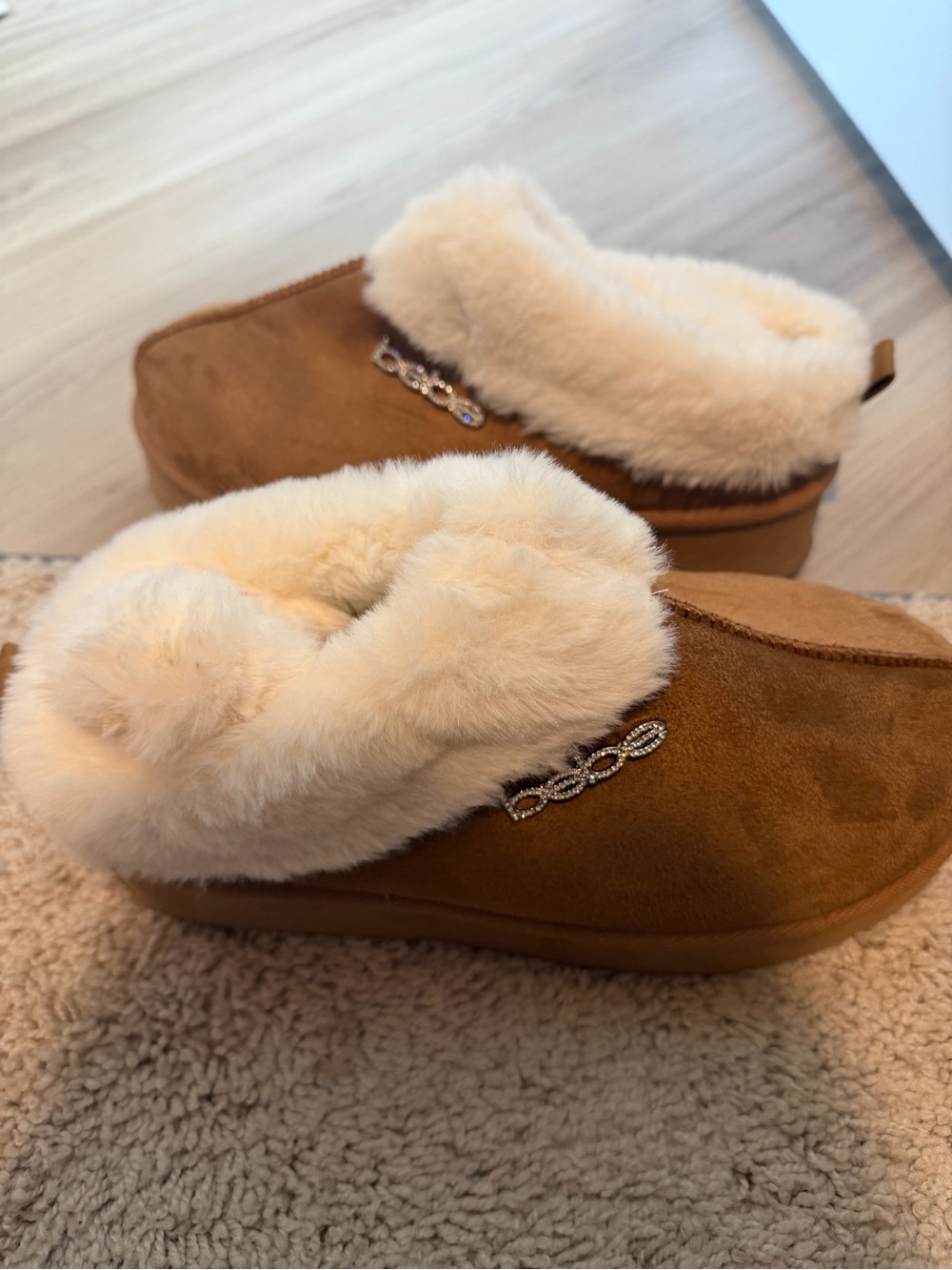 bebe Tan Faux Suede Clog Mules with Cream Faux Fur Trim